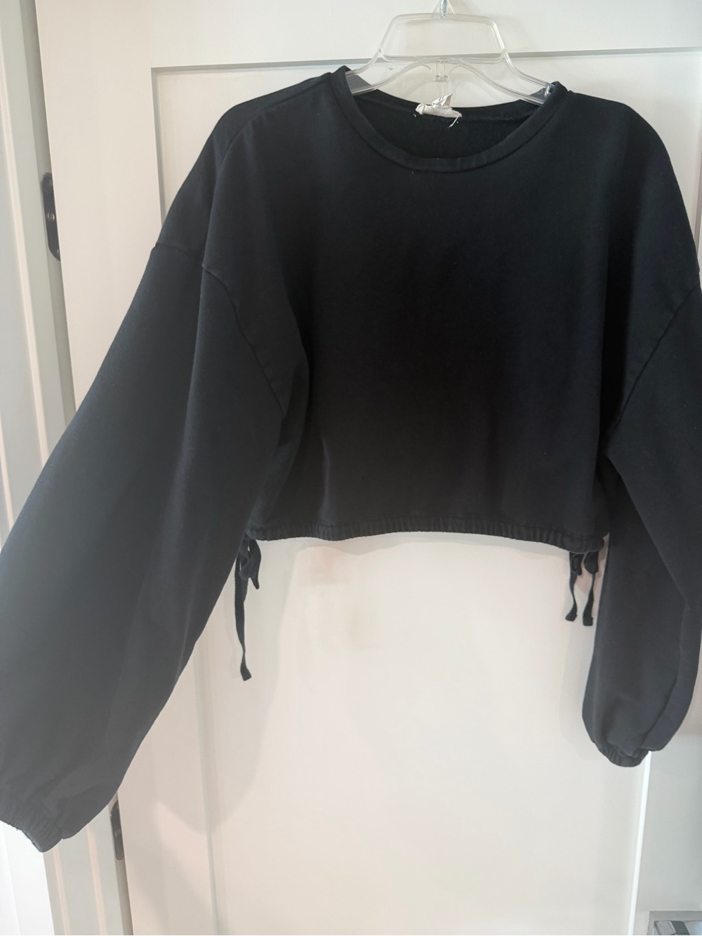 Open Edit Black Balloon Sleeve Cropped Sweatshirt Size Medium Cinch Waist